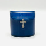 15OZ SHORELINE 2 WICK CANDLE-BLUE GLASS WITH SILVER CROSS (CASE OF 3)