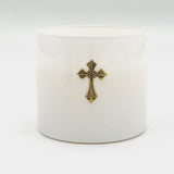 15OZ VANILLA BEAN 2 WICK CANDLE-BLUE GLASS WITH SILVER CROSS (CASE OF 3)