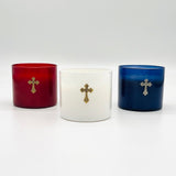 15OZ SHORELINE 2 WICK CANDLE-BLUE GLASS WITH SILVER CROSS (CASE OF 3)