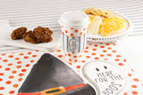 $5.00 min 12 ORANGE POLKA DOT W/BLACK TICKING GHOST HOT/COLD CUP W/LID