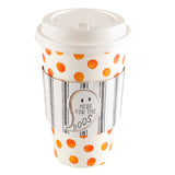 $5.00 min 12 ORANGE POLKA DOT W/BLACK TICKING GHOST HOT/COLD CUP W/LID