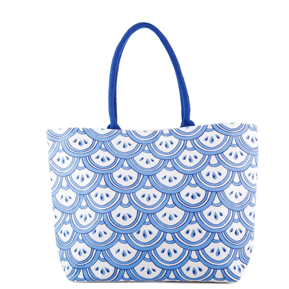 BLUE/WHT FISHSCALE PATTERN TOTE BAG MIN 6