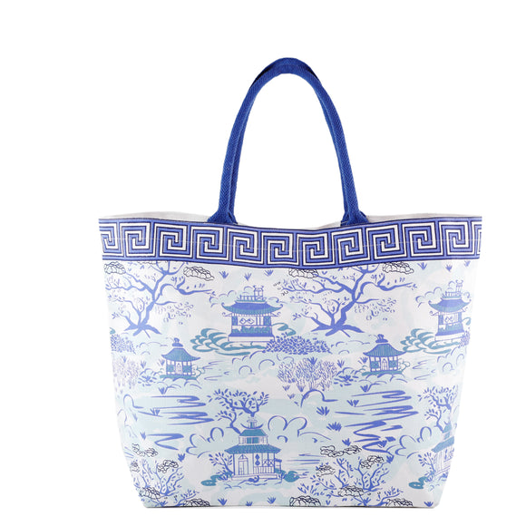 BLUE/WHT CHINOISERIE PATTERN TOTE BAG MIN 6