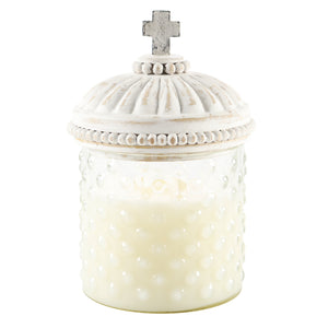 $17.50 min 6 - FAITH HOBNAIL CANDLE WITH WHITEWASHED CROSS LID