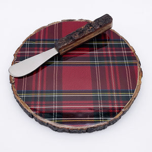 $15.00 min 4 - ROUND RED PLAID CHEESEBOARD W/SPREADER