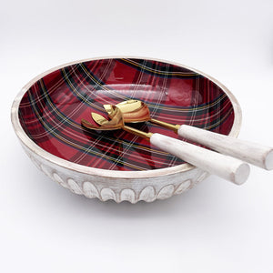 $35.00 min 1 - RED PLAID ENAMEL/WOOD SALAD SET