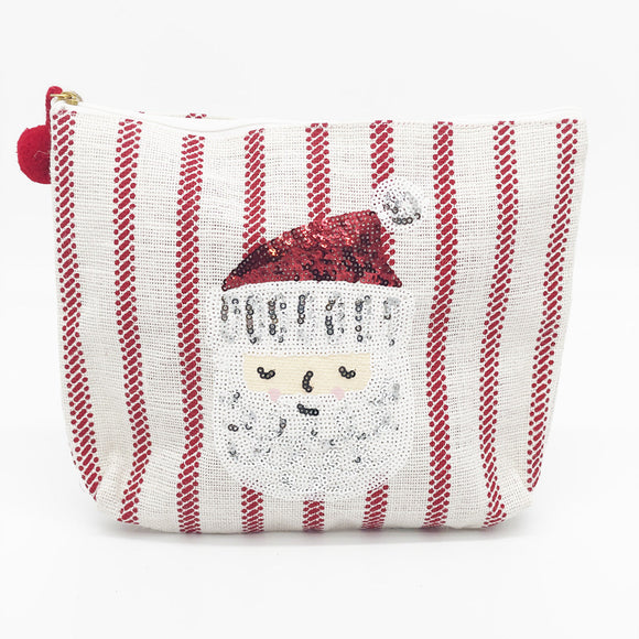 $6.50 min 6 - SANTA ON TICKING STRIPE COSMETIC BAG