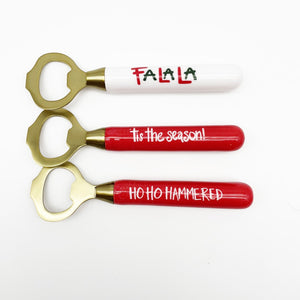 $6.25 min 12 - WOOD HANDLE BOTTLE OPENERS W/CHRISTMAS SENTIMENT ..4 EACH OF 3 DESIGNS..1.75X5.75
