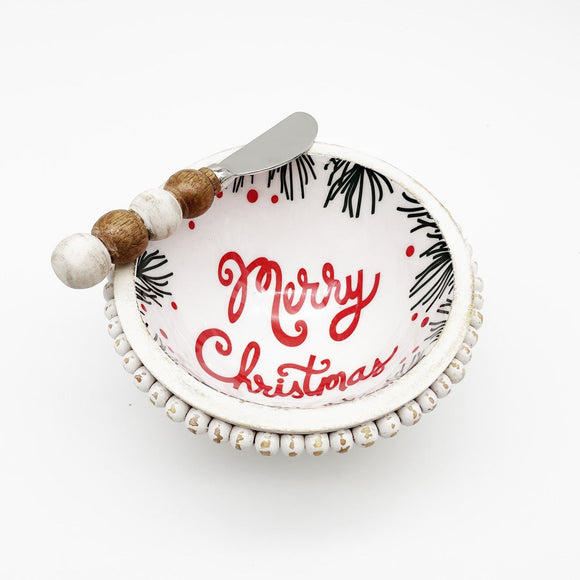 $17.00 min 8 - MERRY CHRISTMAS BEADED WHITE WASH BOWL WITH SPREADER SET..4 EACH