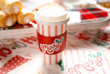 $5.00 min 12 RED TICKING W/ MERRY SLEEVE HOT/COLD CUP W/LID