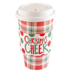 $5.00 min 12 RED/GREEN PLAID W/POLKA DOT CHRISTMAS CHEER SLEEVE HOT/COLD CUP W/LID