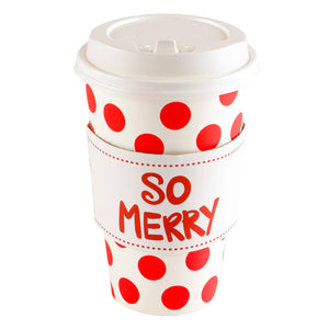$5.00 min 12 RED POLKA DOT W/SO MERRY SLEEVE HOT/COLD CUP W/LID