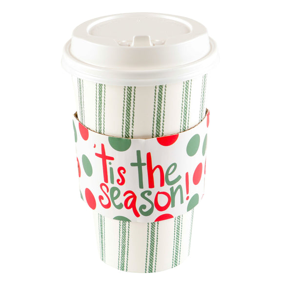$5.00 min 12 GREEN TICKING W/RED,GREEN POLKA DOT TIS THE SEASON SLEEVE HOT/COLD CUP W/LID