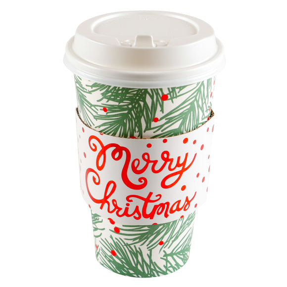 $5.00 min 12 PINE BOUGH W/ MERRY CHRISTMAS SLEEVE HOT/COLD CUP W/LID