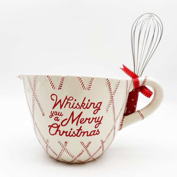 Classic Christmas Red Ceramic Batter Bowl and Whisk