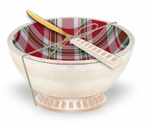 $16.00 min 8 - RED PLAID SMALL WOOD ENAMEL BOWL