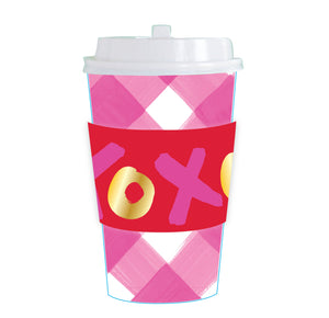 $5.00 min 12 PINK GINGHAM CUP W- XOXO SLEEVE  HOT/COLD CUP W/LID